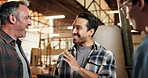 Carpentry, laughing and tablet with men in factory together for project management. Collaboration, funny and meeting with happy people in woodworking warehouse for feedback, report or review