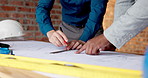 Architect, drawing and hands with floor plan in building, teamwork or ideas for property development. Blueprint, design and people with paperwork for renovation, collaboration and civil engineering