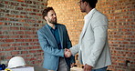 Building, handshake and meeting with businesspeople on construction site for agreement or contract. Collaboration, deal and engineer shaking hands with architect on worksite for greeting or thank you