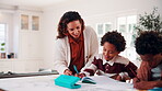 Education, mother and son writing in home for child development, homework help or learning. Notebook, smile and study with African family at counter in apartment for assistance or school assignment