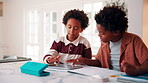 Education, scrolling and tablet with children in home for development, homework help or learning. App, search and study with African boys at counter in apartment or assistance or school assignment