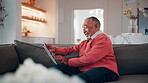 Ebook, search or old man in home with tablet, entertainment or publication choice on library site. Digital, happy or senior person with tech, multimedia subscription or online reading in retirement.