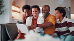 Tablet, happy and family together to laugh, watch online and internet post on home sofa. Pointing, parents and children with technology on couch for funny video, entertainment app or bonding