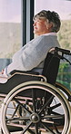 Relax, thinking and senior woman in wheelchair at house for decision, rehabilitation or plan. Calm, window and elderly person with disability in home for reflection, nostalgia or memory in recovery.