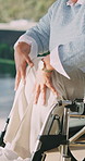 Senior, woman and leg massage with wheelchair for muscle recovery or rehabilitation in home. Elderly, hands and female person with a disability, sore ache or pain for joint inflammation in house