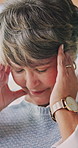 Senior, woman and headache with stress in home for fatigue, mental health or pressure. Frustrated, elderly or female person with sore head, ache or migraine for vertigo, strain or dizziness in house