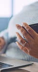 Hands, laptop and credit card in home for online shopping, remote banking app and details. Mature person, shopper or virtual payment with debit on tech for ecommerce, purchase or buying in house