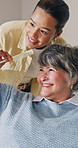 Video call, hairdresser and senior woman in home with hair care, styling or grooming in morning. Happy, comb and stylist with elderly person on virtual conversation with hairstyle, cosmetic or beauty