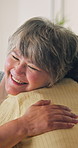 Senior mother, hug and reunion with woman in lounge, laughing and bonding with daughter in apartment. Happy people, embrace and listening to good news, family support and clapping with smile in house