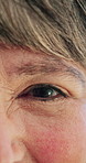 Eye, skincare and face of senior woman with anti aging beauty, cosmetics or facial wrinkles. Health, wellness and portrait of elderly person in retirement with collagen dermatology for texture.