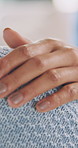 Hand, woman and shoulder for comfort, empathy and understanding with compassion in therapy. Support, touch and person with kindness for care, trust or consoling with help for mental health closeup