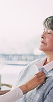 Senior, nurse and listening with heart beat for healthcare, medical exam or checkup visit in home. Female person, health worker or caregiver with stethoscope for advice or elderly care in house
