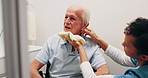 Caregiver, cleaning and old man in bathroom with cloth, hygiene or conversation for morning routine. Retirement home, nurse help and washing elderly person with disability, facial towel or healthcare