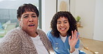Senior, face or wave with nurse for video call, Telehealth or conversation in retirement house. Portrait, female person or caregiver smile with patient in POV for elderly care or virtual chat in home