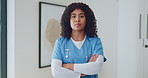 Face, woman and nurse with confidence in home for healthcare, career pride or wellness. Medical, serious caregiver and portrait of support worker with arms crossed, homecare professional or integrity