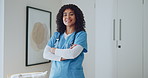 Face, woman and happy nurse with confidence for medical career, pride or wellness at house. Healthcare, caregiver and portrait of support worker with arms crossed, homecare professional and smile