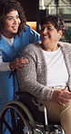 Caregiver, checkup and old woman in home with wheelchair, conversation or medical support for wellness. Nurse, discussion and senior person with disability, assistance and kindness for healthcare.
