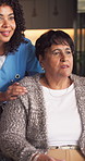 Thinking, caregiver and old woman in wheelchair at house, elderly care and advice for recovery. Thoughts, smile and senior person with disability, assisted living and healthcare for rehabilitation