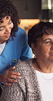 House, caregiver and old woman in wheelchair with support, elderly care and advice for recovery. Smile, thinking and senior person with disability, assisted living and healthcare for rehabilitation
