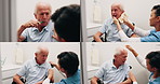 Series, nurse and old man in wheelchair for homecare, grooming and brushing teeth for health. Caregiver, retirement and person with disability, support or comb to help for assisted living at bathroom