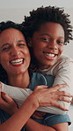 Hug, face and mom with child in bedroom for bonding, happy relationship and connection in morning. Family, home and portrait of boy with mother, embrace and laugh for affection, support and weekend
