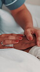 Person, hands or nurse with child in bed for comfort, healthcare or monitoring health in home. People, caregiver or checking patient with understanding in bedroom for medical care or support in house