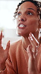 Woman, frustrated and argue in home with stress, frustrated and blame in toxic relationship. Mental health, crisis and mature wife in house with disagreement, discussion or accountability for mistake
