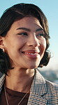 Outdoor, businesswoman and thinking with smile in city, real estate agent or planning for assignment. Urban town, realtor and happy person with idea, property management and contemplating decision