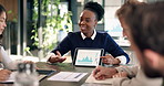 Business, woman and graph in meeting with tablet screen, research and data analysis for accounting. Smile, people and team in workplace with tech, finance information and statistics for company audit