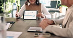 Tablet screen, businesswoman or presentation with team, hands or data for sales performance. Chart, tech or presenter in office meeting for financial update, revenue growth or investment information