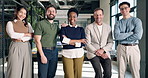Happy, team and face of business people in office with confidence for finance career with manager. Smile, crossed arms and portrait of financial advisors with pride for company about us in workplace.