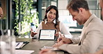 Tablet screen, businesswoman or presentation with team, chart or happy with investment dashboard. Data, tech or presenter in office meeting for financial analysis, revenue growth or sales performance