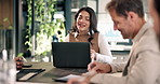 Business, woman and talking in meeting with laptop, research and data analysis for accounting. People, team and discussion in office with pc, financial information and statistics for company revenue