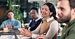 Sustainable, meeting or woman in agency with discussion, esg growth pitch or review on green operations. Talking, team or csr analyst with plan, conservation proposal or feedback on ethical strategy.