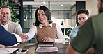 Happy, meeting and handshake with team for interview, onboarding process or introduction in office. Group, employees or woman shaking hands with candidates for recruiting or job hiring in workplace