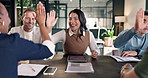 Happy, meeting and high five with team for business success, celebration or good news in office. Excited group, employees or colleagues with smile for winning or achievement together in workplace