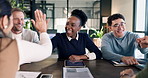 Meeting, success and happy business people with high five for celebration or good news in office. Excited group, employees or colleagues with smile for winning or achievement together in workplace