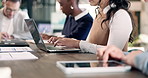 Hands, business and woman in meeting with laptop, research and finance report for accounting. Female person, team and typing in office with tech, schedule update and information for financial audit