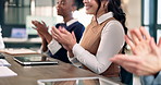 Meeting, hands or business people with applause for presentation, well done or good job in workshop. Group, employees or colleagues clapping with smile for celebration, proposal or success in office