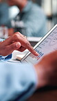 Hand, person or tablet screen with graphs in meeting for ad results, campaign metrics or KPI. Office, marketing manager and scroll on tech to track user behavior, SEO algorithm or media buying system