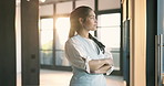 Crossed arms, thinking and businesswoman in office for ideas, decision or choice on finance career. Confident, flare and financial manager with solution for job opportunity by window in workplace.