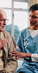 Caregiver, talk and old man in nursing home with chest pain, explain flu symptoms or medical support. Sick senior person, checkup and nurse with help for cardiovascular problem, healthcare or healing
