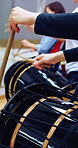 Taiko, creative and hands of women with drums for lesson, rehearsal or learn cultural choreography. Bachi percussion, practice and people in Japanese band for sound coordination, performance or music