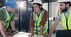 Architect, people and construction team with blueprint, maintenance planning or renovation. Document, engineer and discussion with schematic for building codes, design or quality assurance in office
