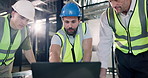 Architect, men and construction team with laptop, maintenance planning or renovation idea. Computer, engineer and discussion with review for building codes, flare or quality assurance in office