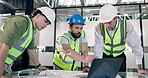 Engineer, men and construction team with laptop, maintenance planning or renovation idea. Computer, architect and discussion with review for building design, blueprint or quality assurance in office