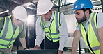 Engineer, men and construction team with laptop, planning or renovation idea for maintenance. Computer, architect and discussion with review for building design, safety compliance or flare in office