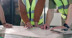 Engineer, hands and construction team with blueprint, planning and maintenance evaluation. Document, architect and discussion with floor plan for building layout, design strategy and people in office