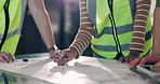 Engineer, hands and construction team with blueprint, discussion and maintenance evaluation. Document, architect and planning with schematic for building layout, design strategy and people in office