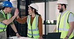 Smile, architect and team in meeting with high five, good news and agreement for architecture. Happy, people and laptop in office for celebration, construction achievement and building development